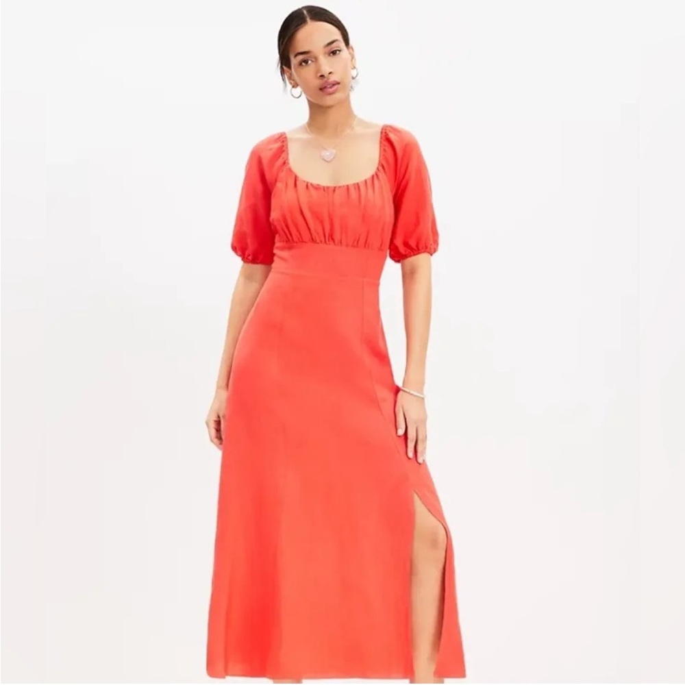LOFT Orange Ruched Puff Sleeve Midi Dress